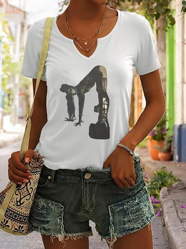 Silhouette Women's T-Shirt with Bold Platform Shoe Design, Casual Summer V-Neck Tee, Fitted Short Sleeve Top for Trendy...