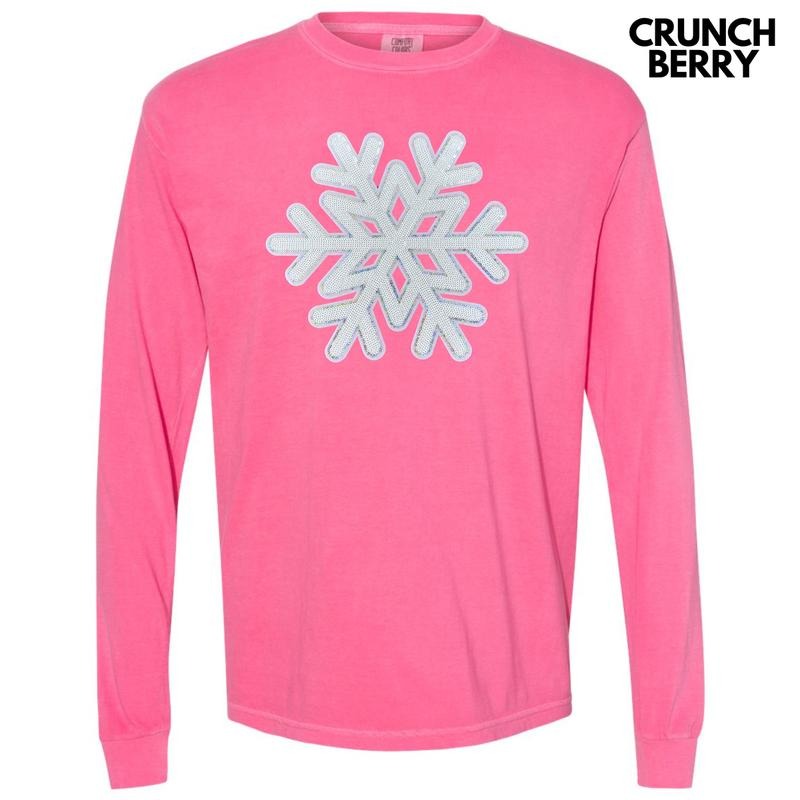 Silver & White Snowflake Sequin Patch Long Sleeve Comfort Colors T-Shirt Hoodie, Sweatshirt | HypeCrazeTee.com