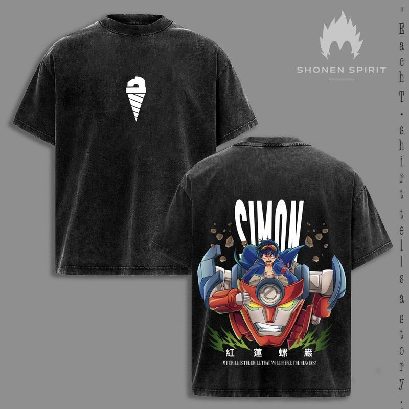 Simon Gurren Lagann Anime Washed T-Shirt Vintage Tee Oversize Unisex Streetwear Bold Style Mecha Anime Shirt Hot Trend...