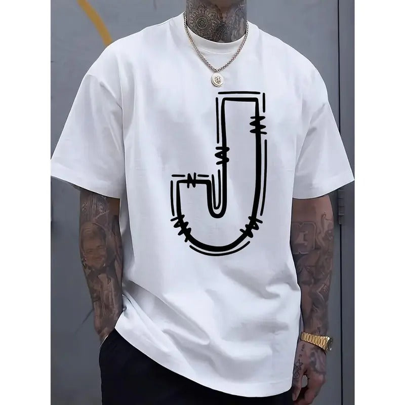 Simple and stylish J-letter printed men's round neck short sleeved T-shirt, comfortable and breathable casual sports top...