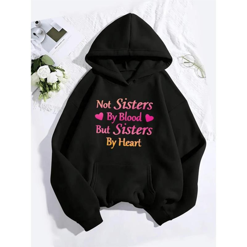 "Sisters by Heart" - Creative Minimalist Letter Pattern Hoodie with Kangaroo Pockets - Women's Casual Sweatshirt Hoodie...