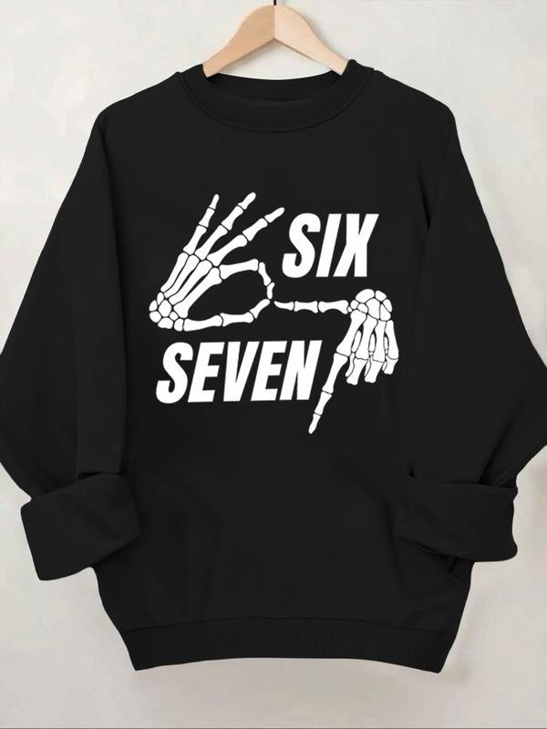 "Six Seven" Skeleton Hands Graphic Sweatshirt, Edgy Streetwear Aesthetic Crewneck, Black Casual Pullover, Women's Trendy...