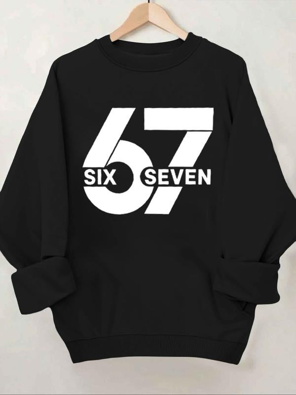 "Six Seven 67" Graphic Sweatshirt, Streetwear Digital Aesthetic Crewneck, Black Casual Pullover, Women's Trendy Urban...