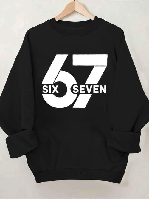 "Six Seven 67" Graphic Sweatshirt, Streetwear Digital Aesthetic Crewneck, Black Casual Pullover, Women's Trendy Urban...