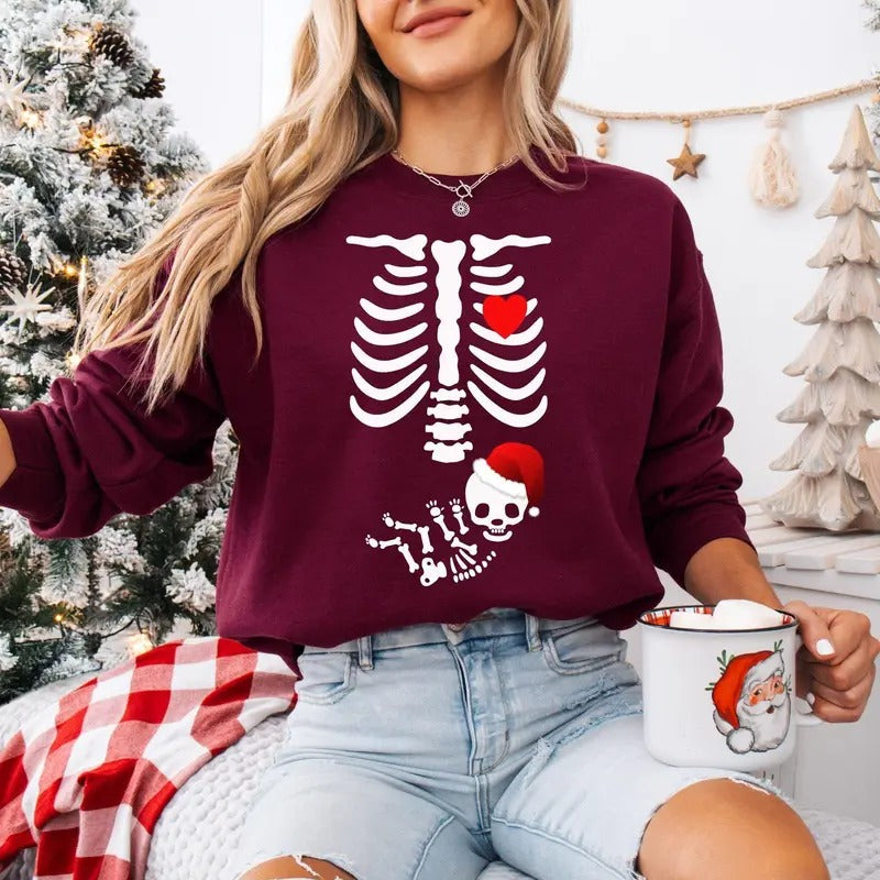 Skeleton Christmas Pregnant Sweatshirt, Maternity Sweatshirt, Pregnancy Announcement Sweatshirt, Pregnant Women New Mom...