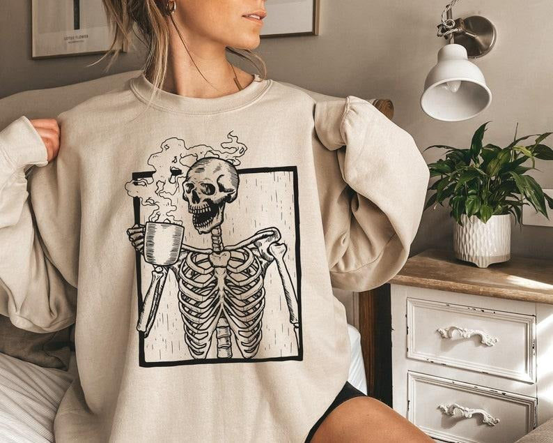 Skeleton Coffee Sweatshirt, Halloween Skeleton Sweatshirt, Fall Coffee Hoodie, Skeleton Hoodie Halloween Sweatshirt...