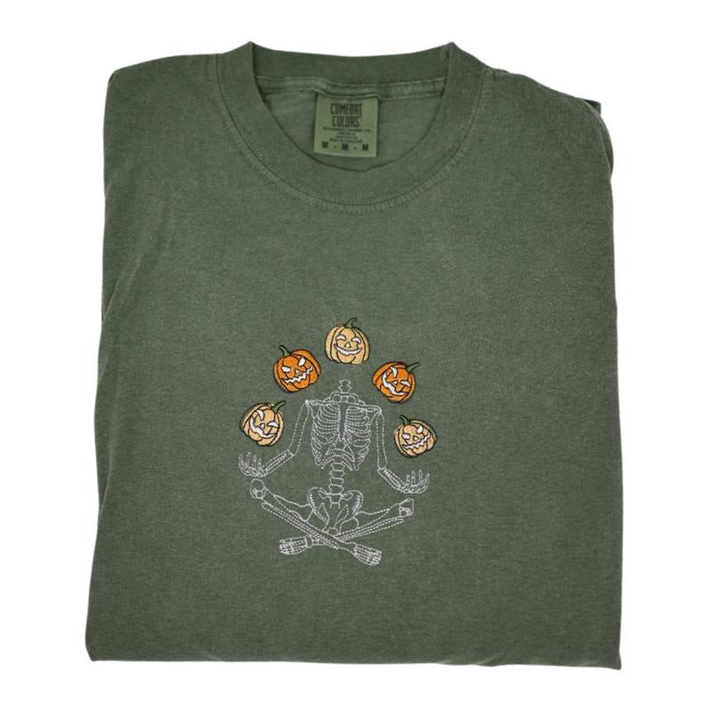 Skeleton Throwing Pumpkin Embroidered Long Sleeve T-Shirt Cotton Classic Top Hoodie, Sweatshirt | HypeCrazeTee.com