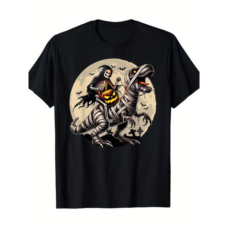 Skeletons riding mummified dinosaur T-Rex pumpkin Fun Halloween T-shirt, men's T-shirt Made in USA Hoodie, Sweatshirt