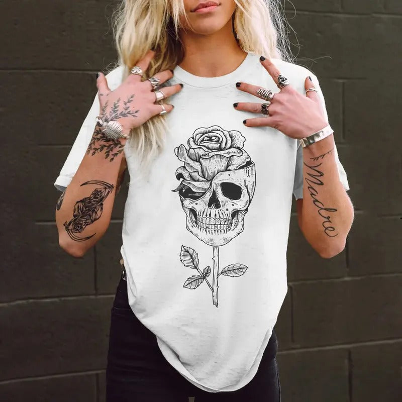 Skull Rose Print Women's T-shirt Hoodie, Sweatshirt | HypeCrazeTee.com