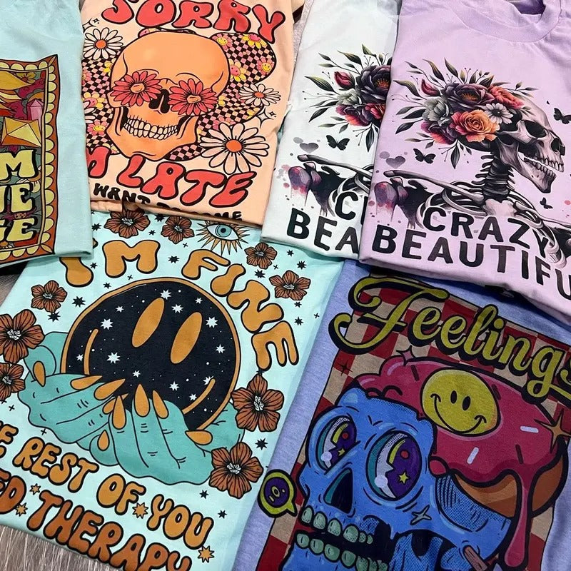 Skull Tee Sarcastic T-Shirt Floral Skeleton Tshirt Girly Skull Tops Floral Skull T-Shirt Short Sleeve Shirt Womens Casual...