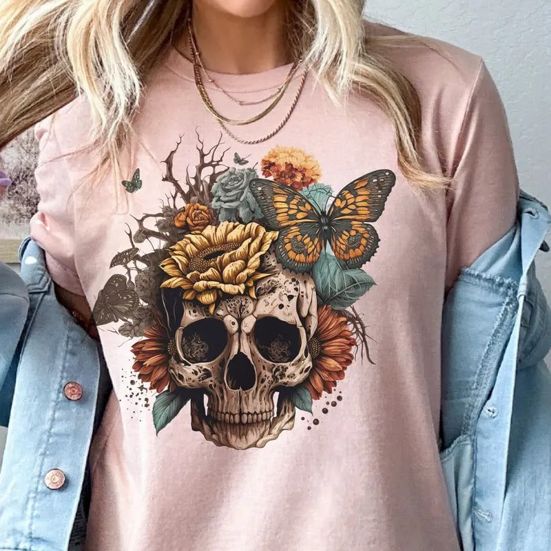 Skull Tees Butterfly Floral Skull Tshirt Floral Skull T-Shirt Butterfly Flower Skull Tees Womens Skull Tshirt Feminine...