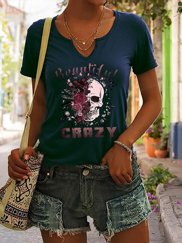 Skull and Rose Print T-Shirt with Beautiful Crazy Lettering, Casual Summer V-Neck Short Sleeve Top for Women, Trendy...