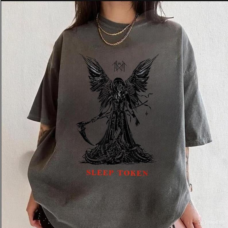 Sleep Token Shirt, Dark Angel Gothic Band Tee, Metal Aesthetic Reaper T-Shirt, Alternative Rock Band Merch, Grunge Emo...