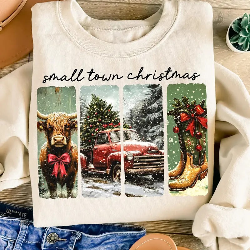 Small Town Christmas Tshirt Sweatshirt, Cowgirl Western Outfit, Small Town Girl Christmas, Cow Christmas Shirt, Unisex...