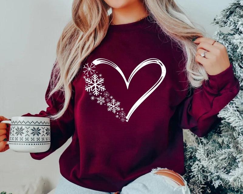 Snowflake Sweatshirt, Christmas Sweatshirt, Women Holiday Shirt, Snow Flake Heart Sweater, Snow Sweatshirt, Christmas...