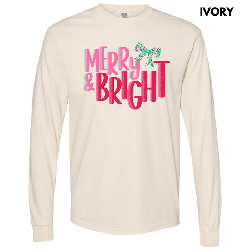 Snowy Merry & Bright Long Sleeve Comfort Colors T-Shirt 'NLB' Hoodie, Sweatshirt | HypeCrazeTee.com