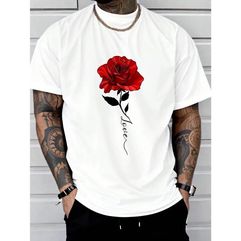 Soft and Comfortable Rose Print Tee Shirt, Casual Short Sleeve T-shirt for Summer, Tees for Men Made in USA Hoodie,...