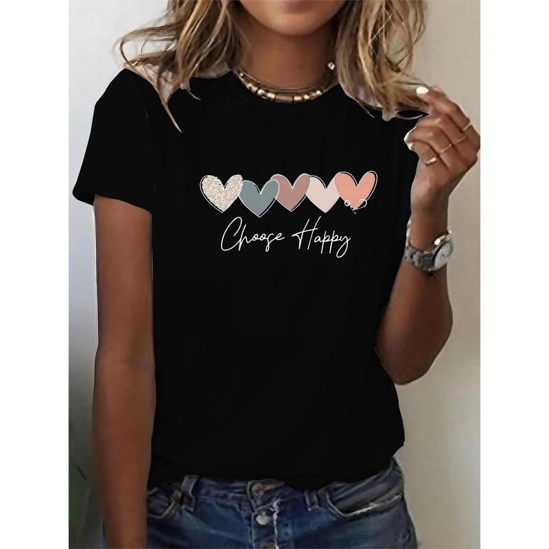 Soft and Comfortable Women'S Casual Sport T-Shirt, Round Neck, Heart And Happy Print, Short Sleeve Hoodie, Sweatshirt