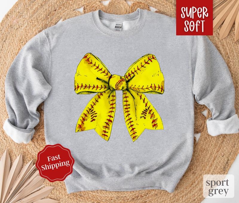 Softball Bow Sweatshirt, Game Day Softball Crewneck, Womens Sweatshirt, Fall Sweater T-Shirts, Hoodie | HypeCrazeTee.com