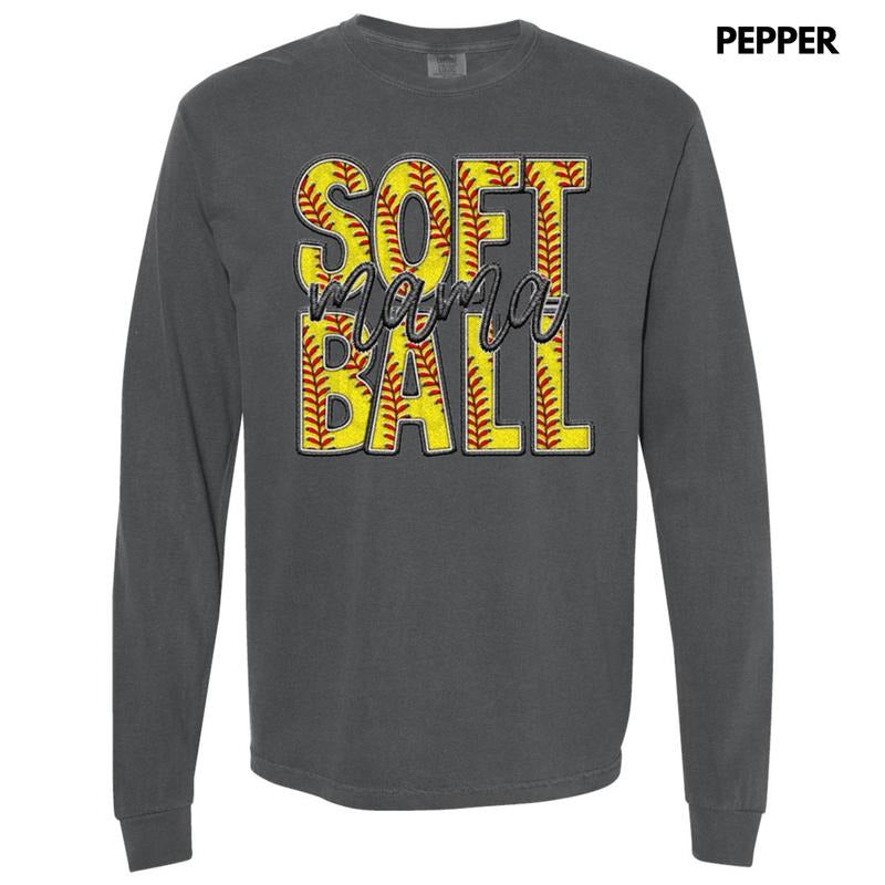 Softball Mama Faux Embroidery Long Sleeve Comfort Colors T-Shirt Hoodie, Sweatshirt | HypeCrazeTee.com