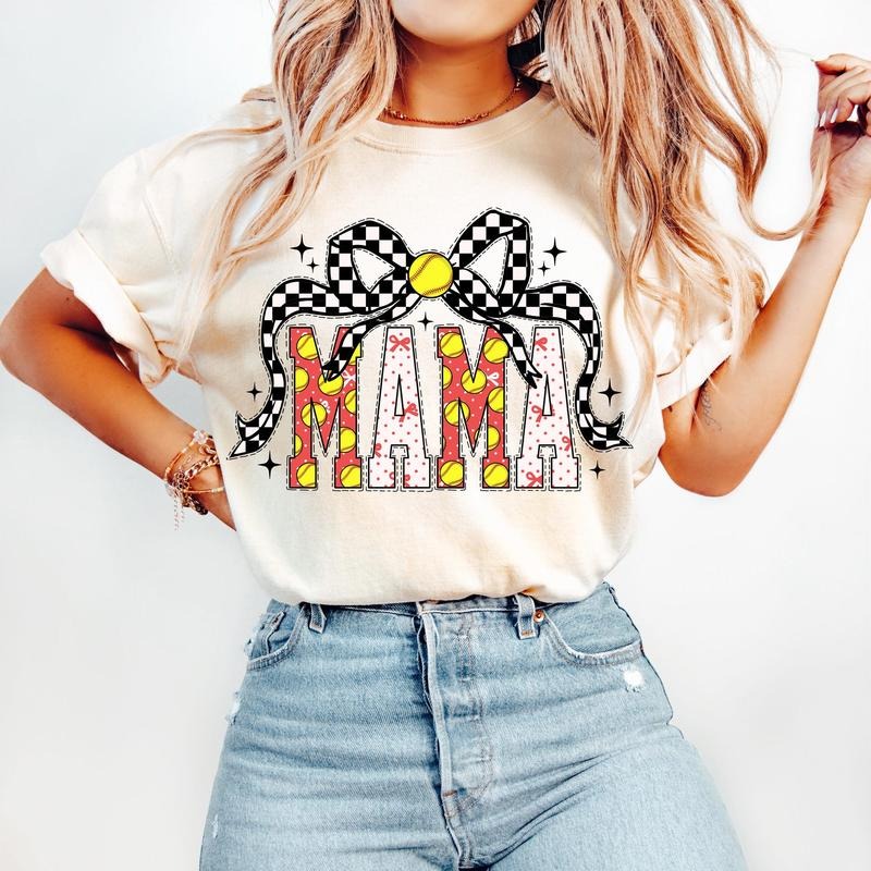 Softball Mama T-Shirt, Softball Coquette T-Shirt, Game Day T-Shirt, Softball Bow T-Shirt, Checkered Softball Mom T-Shirt,...