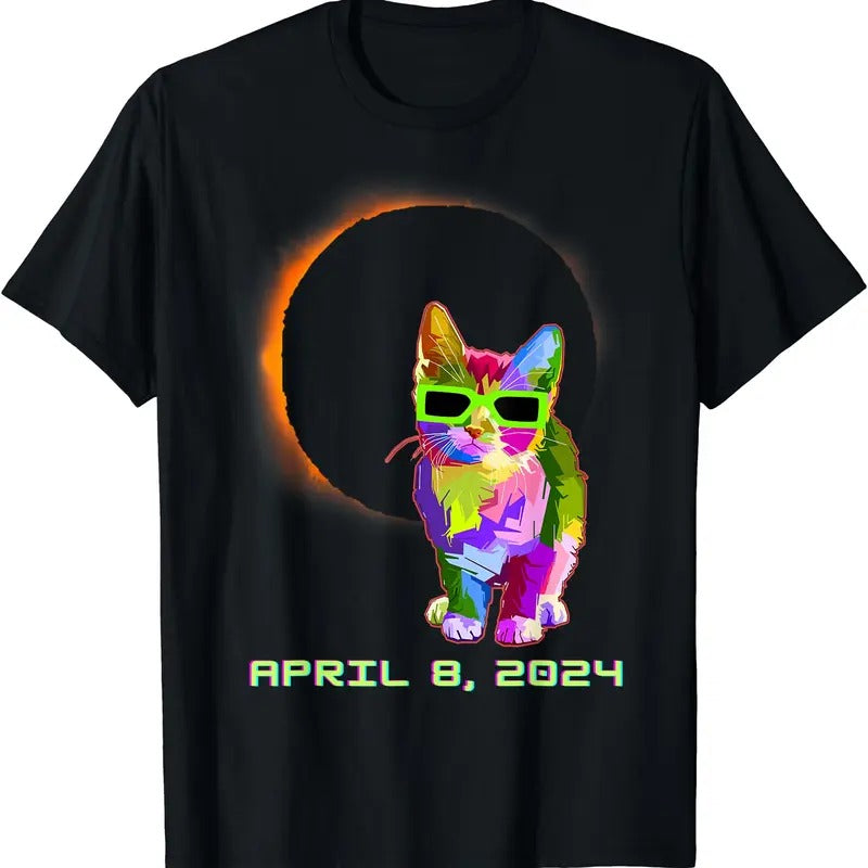 Solar Eclipse TShirt 2024 Cat Wearing Solar Eclipse Glasses T-Shirt | Unisex Cotton Tee Gift | Full Size Hoodie, Sweatshirt