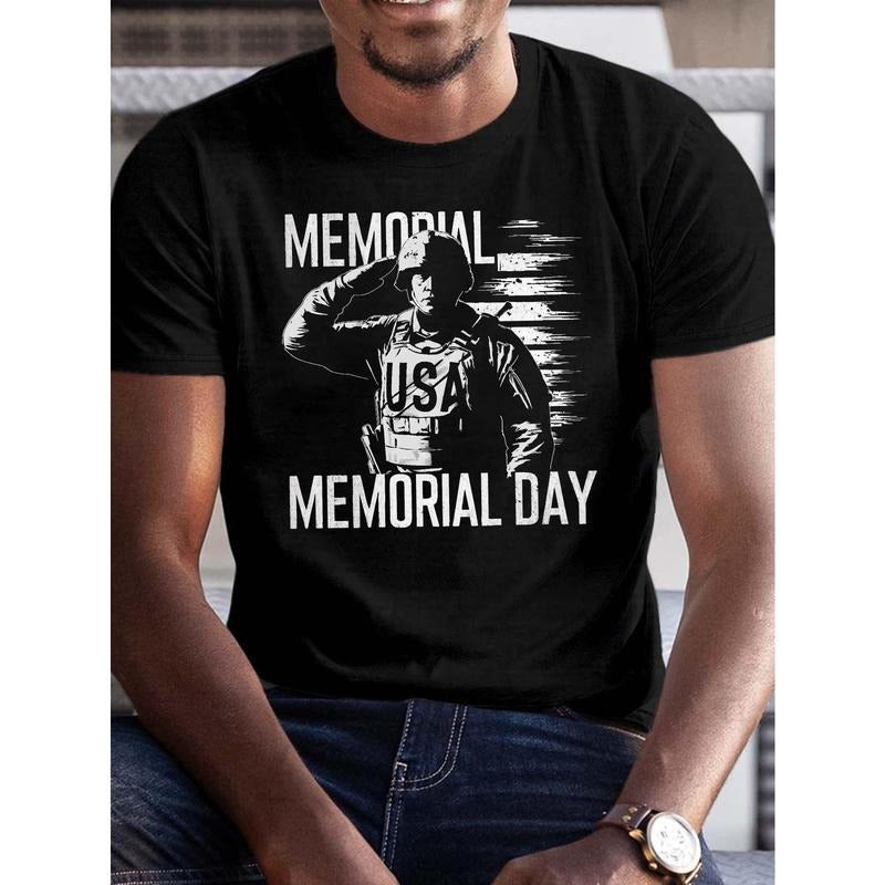 Soldier USA MEMORIAL DAY Print Tee Shirt, Tees For Men, Casual Short Sleeve T-shirt For Summer Hoodie, Sweatshirt