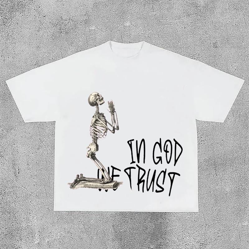 Sopula In God We Trust Letters Skull Print Short Sleeve T-Shirt Hoodie, Sweatshirt | HypeCrazeTee.com