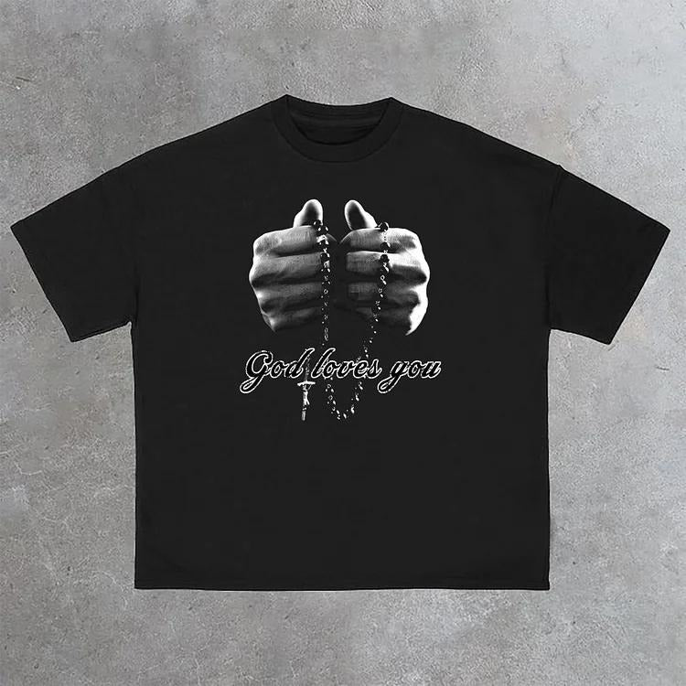 Sopula Praying Hands Graphic God Loves You Print Cotton Casual T-Shirt Hoodie, Sweatshirt | HypeCrazeTee.com