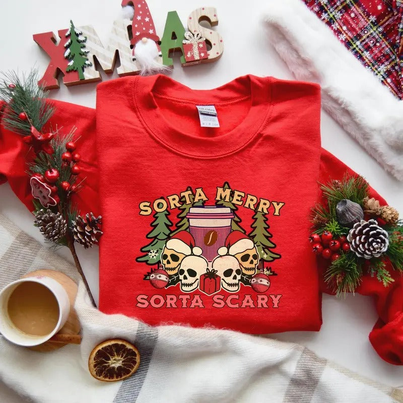 Sorta Christmas Sweatshirt, Cute Christmas Spooky vibes, Sorta Merry Sorta Scary Tee, Christmas Skeleton Shirt, Women...