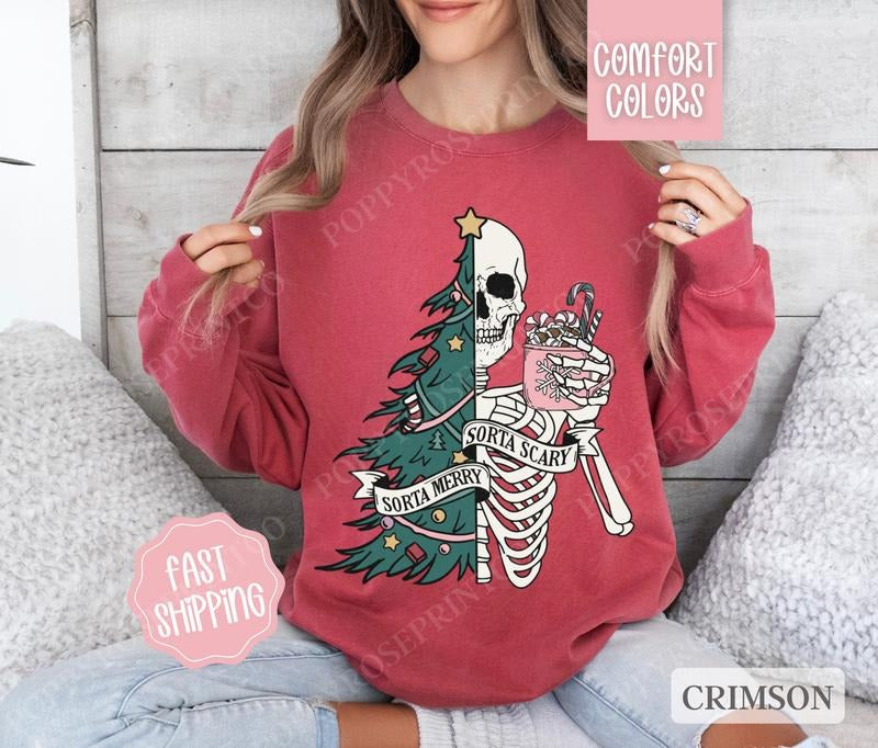 Sorta Merry Sorta Scary Sweatshirt Comfort Colors Christmas Sweater, Skeleton Xmas Holiday Crewneck T-Shirts, Hoodie