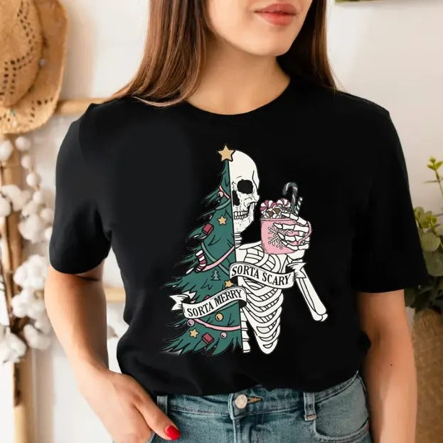 Sorta Merry Sorta Scary Skeleton Tree Funny Xmas Top Family Shirt Clothes Season Tree T-Shirts, Hoodie, Sweatshirt