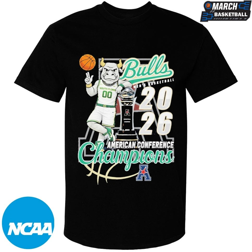 South Florida Bulls USF 2026 American Conference Men’s Basketball Champions Mascot Trophy T-shirts