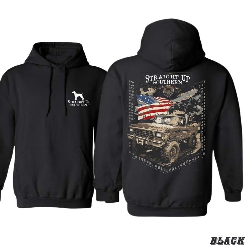 Southern Hoodie - Rugged Off-Road Truck Design with American Flag, Unisex Sweatshirt for Proud Southern Patriots &...