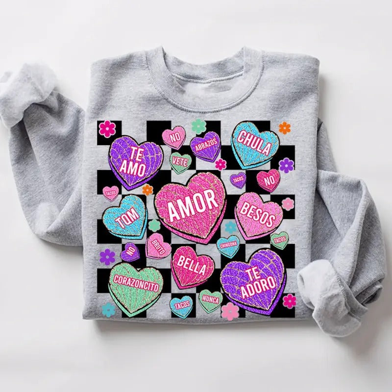Spanish Candy Heart Conchas Valentine's Day Sweatshirt Casual Fabric T-Shirts, Hoodie | HypeCrazeTee.com