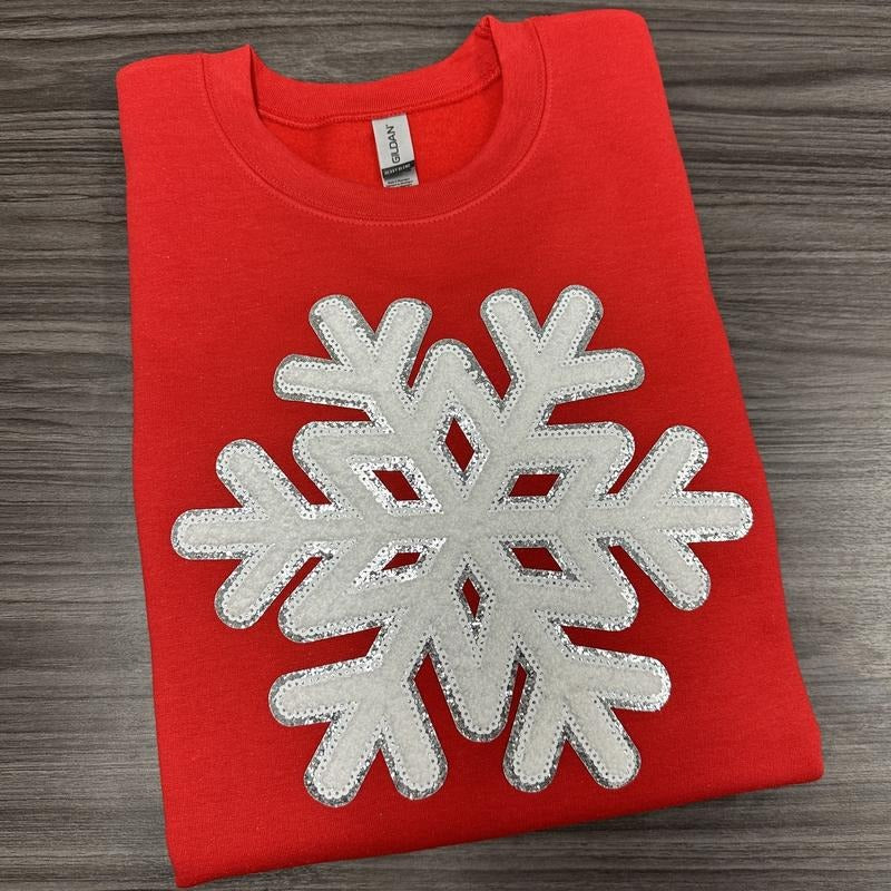 Sparkling Snowflake Patch Gildan Sweatshirt -- RED T-Shirts, Hoodie | HypeCrazeTee.com