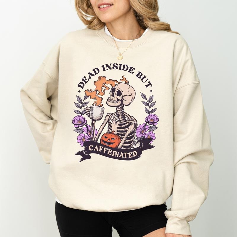Spooky Drinking Coffee Inside But Caffeinated Halloween Coffee Lover Shirt Spooky Season Comfy Long Sleeve Gothic Tops Casual Womenswear T-Shirts, Hoodie, Sweatshirt