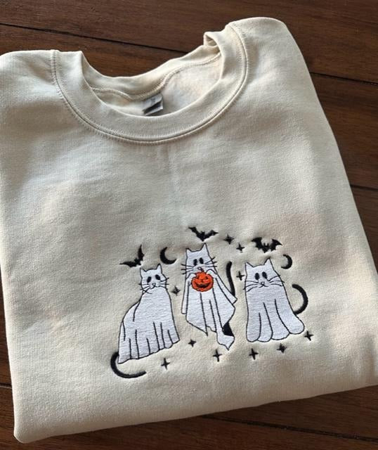 Spooky Ghost Cat Embroidered Crewneck Sweatshirt Long Sleeve Casual Menswear Halloween Top T-Shirts, Hoodie