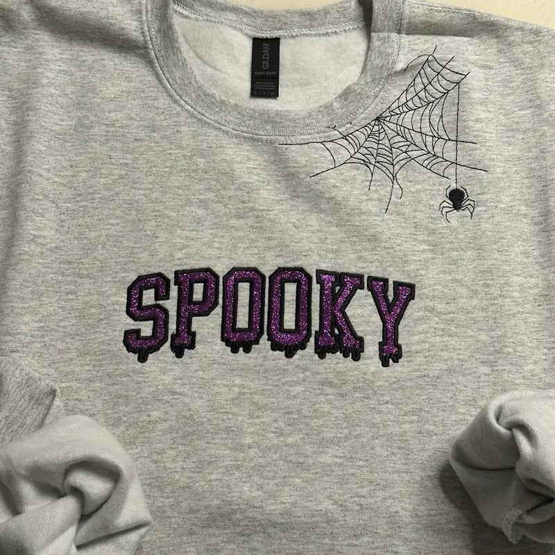 Spooky Glitter and spider web Embroidered Crewneck Sweatshirt T-Shirts, Hoodie | HypeCrazeTee.com