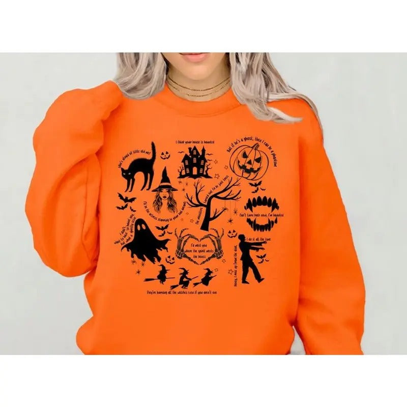 Spooky Halloween Crewneck Sweatshirt, Unisex Sweatshirt with Halloween Symbols T-Shirts, Hoodie | HypeCrazeTee.com
