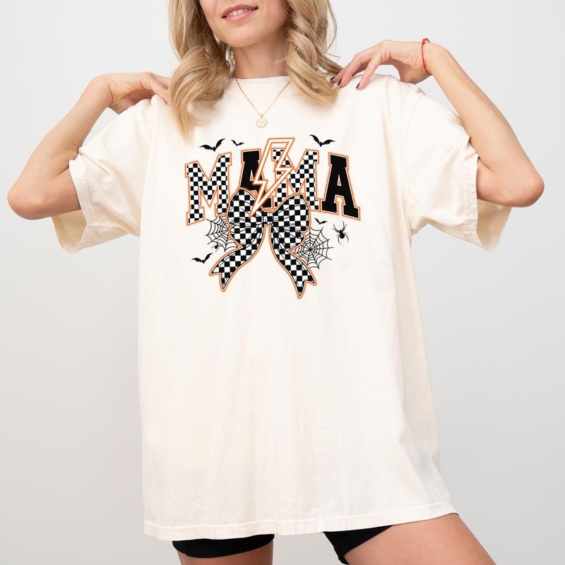 Spooky Mama Neon Shirt, Halloween Mama Coquette Bow Tee, Coquette Fall Mama Graphic Printed Shirt, Coquette Checkered...