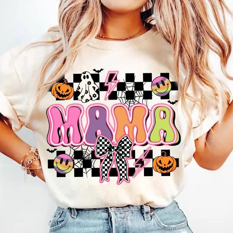 Spooky Mama Shirt, Halloween Spooky Season Sweatshirt, Halloween Checkered, Spooky Vibes,  Halloween Mama Coquette, 100%...