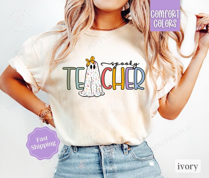Spooky Teacher Shirt Comfort Colors, Cute Ghost Halloween Shirt,  October Vibes Shirt for Women Oversized Crewneck Tee...