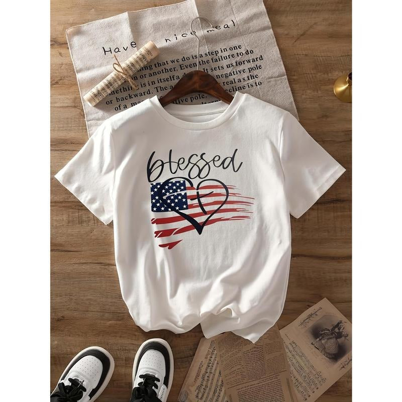 [Spring Essential] Women's Patriotic American Flag Heart Graphic T-Shirt, "Blessed" Print Short Sleeve Crew Neck Casual...