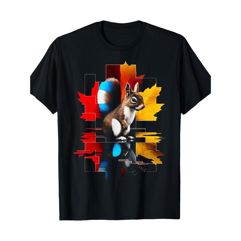 Squirrel Leaf Art Geometric Graphic T-Shirt, 100% Cotton, Casual Crew Neck, Short Sleeve, Regular Fit, with Slight...