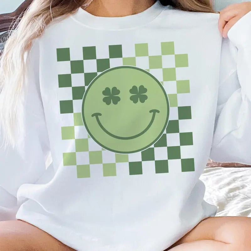 St. Patricks Day Retro Clover Smiley Sweatshirt T-Shirts, Hoodie | HypeCrazeTee.com