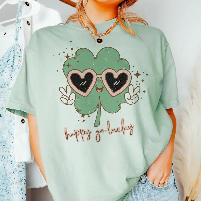 St. Patricks Day Happy Go Lucky Tee Happy Go Lucky Clover T-Shirt St. Pattys Clover Lucky Tshirt Womens St. Pattys Top St...