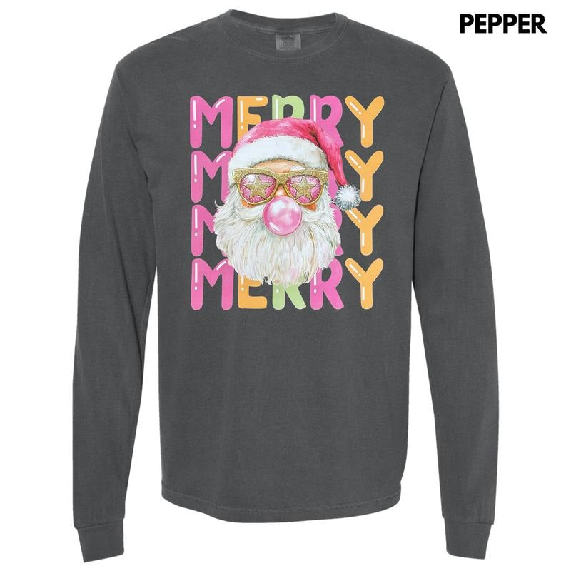 Stacked Merry Retro Santa Long Sleeve Comfort Colors T-Shirt Hoodie, Sweatshirt | HypeCrazeTee.com