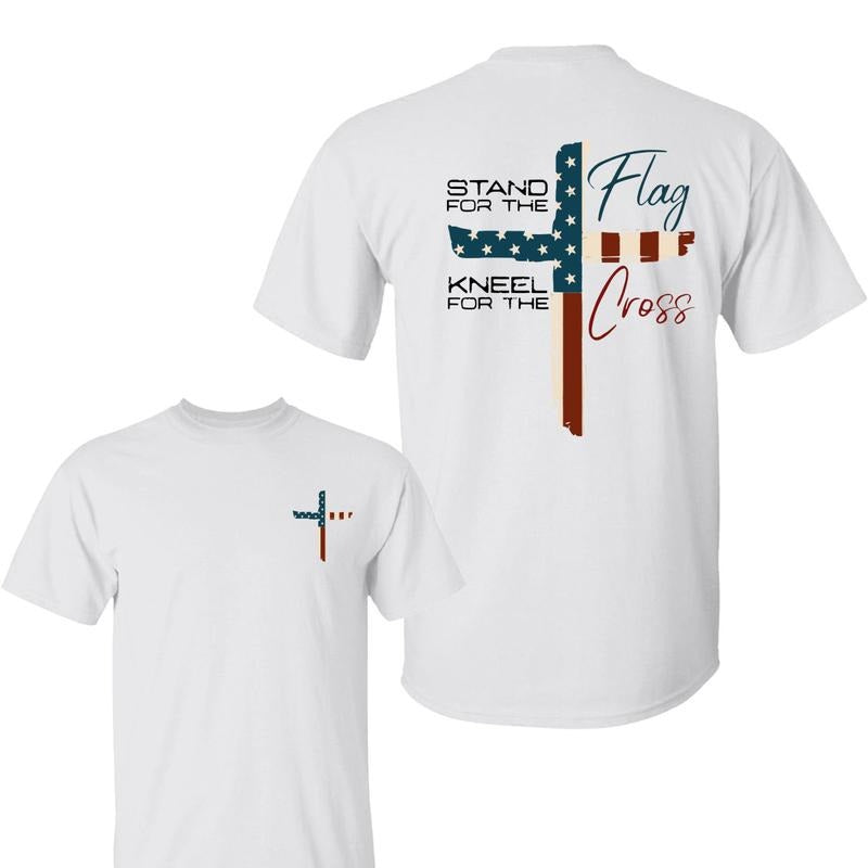 Stand For The Flag Kneel For The Cross 4th Of July 2 Sided T-Shirt, Graphic Tees for Women Cotton Fabric Casual Crew Neck...