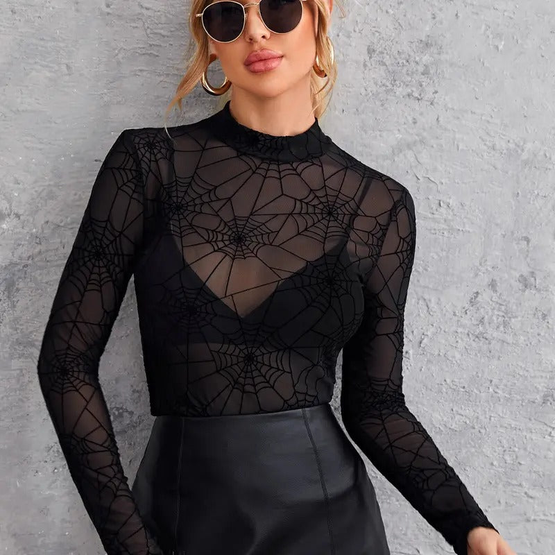 Star Mesh See Through Mock Neck Long Sleeve Tops Tee T-Shirt Hoodie, Sweatshirt | HypeCrazeTee.com